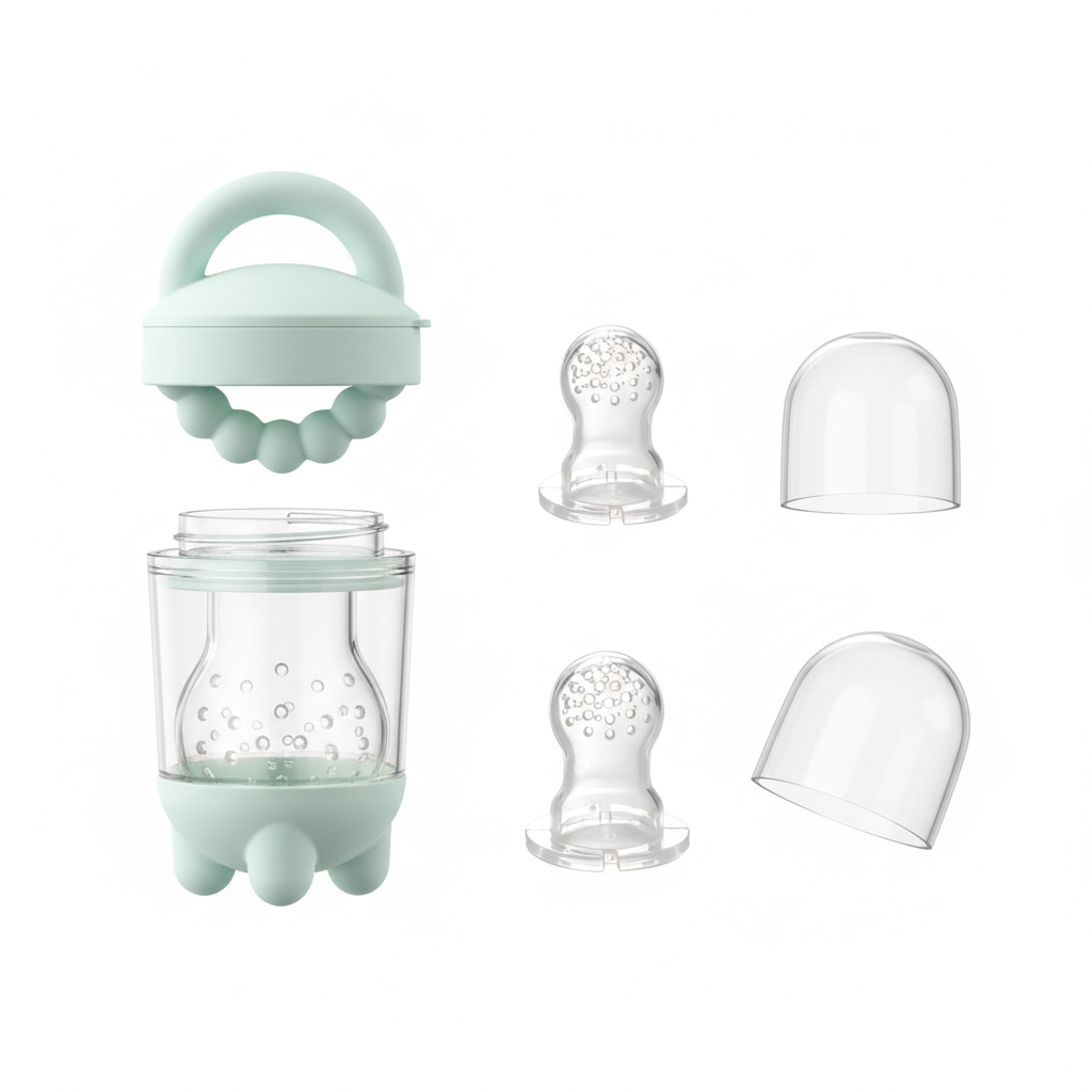 All parts of BPA-free mint green baby food feeder set disassembled flat lay on white background