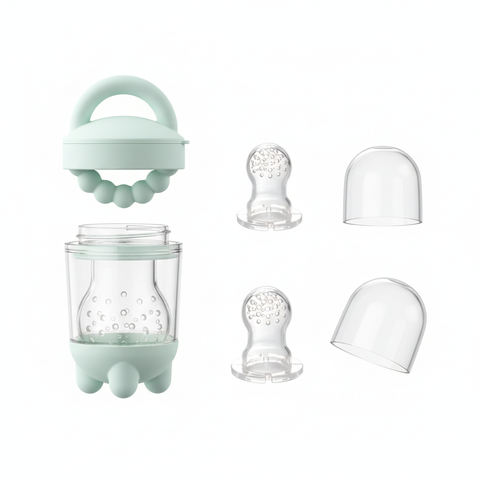 All parts of BPA-free mint green baby food feeder set disassembled flat lay on white background