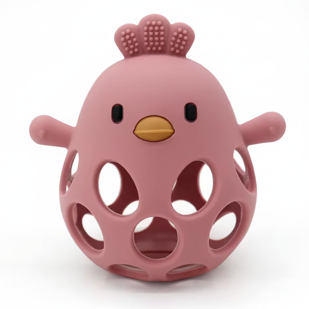BPA-free dusty rose silicone cartoon chick teething toy for babies 0-24 months, front view on white background