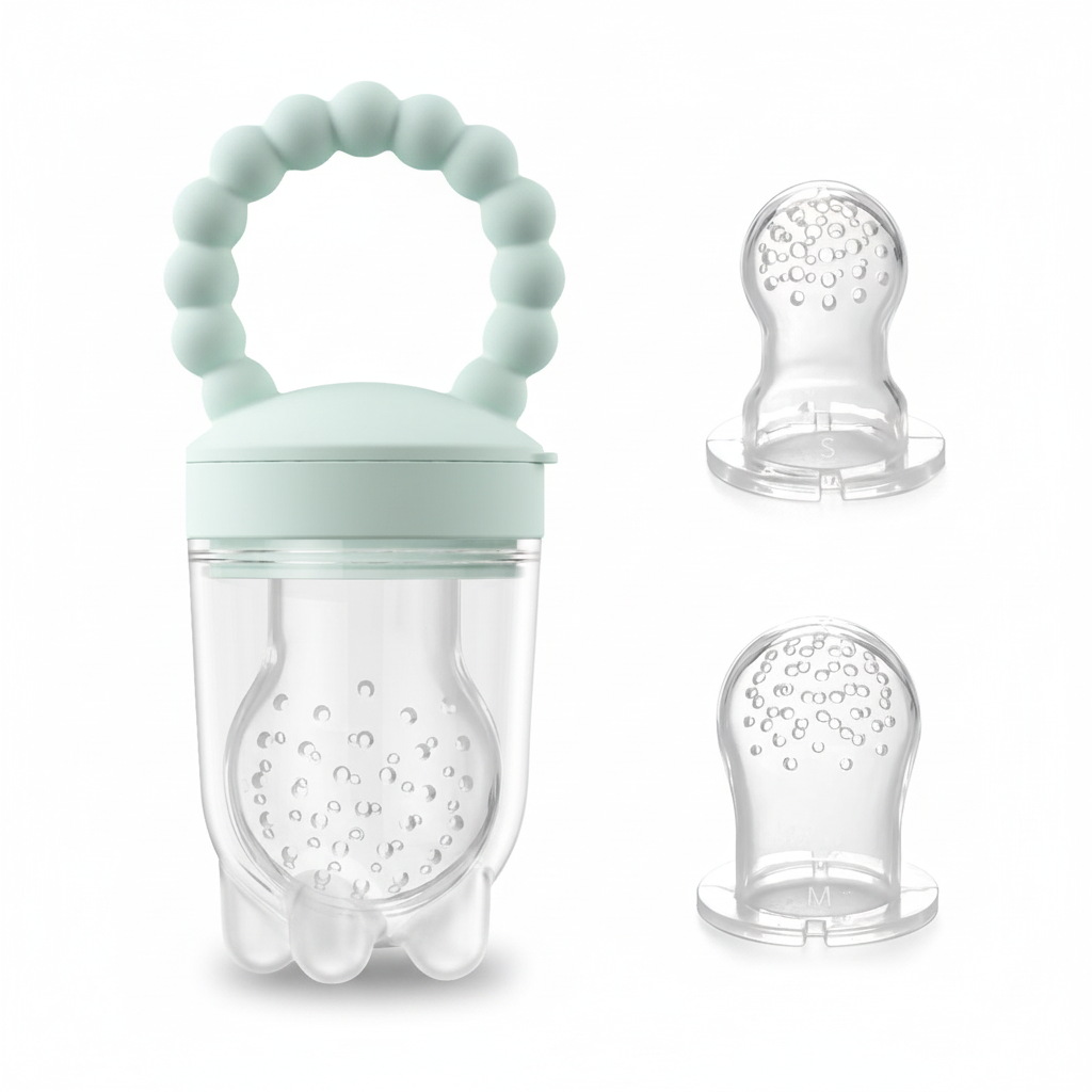 BPA-free mint green silicone baby food feeder and teether set with 2 nipple inserts, front view, white background