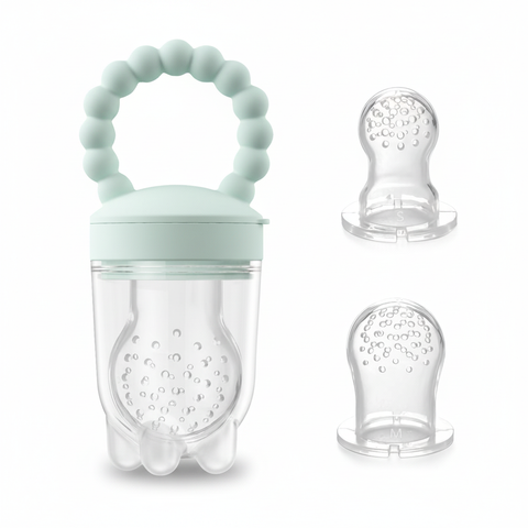 BPA-free mint green silicone baby food feeder and teether set with 2 nipple inserts, front view, white background