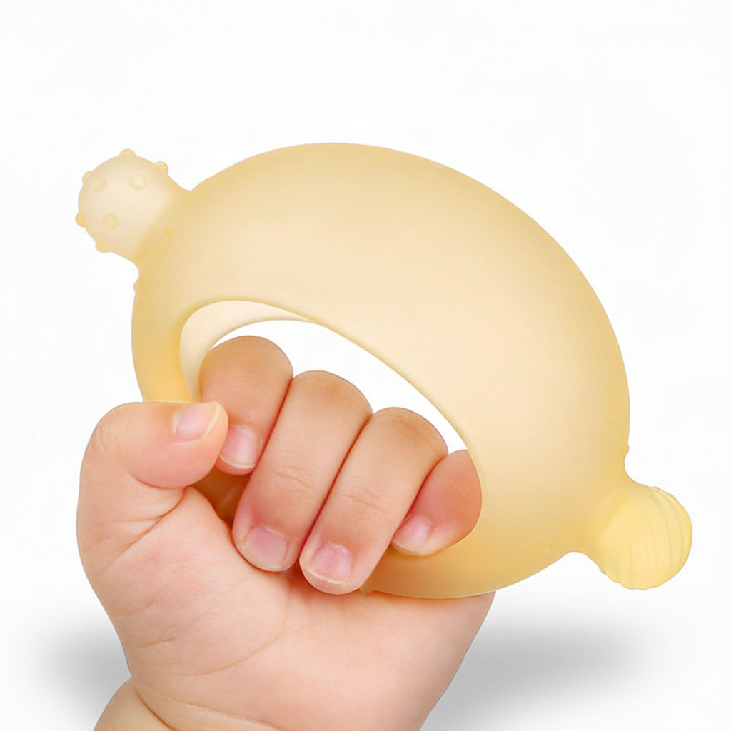 BPA-free soft yellow lemon shape half-wrap silicone baby teether, front view, white background