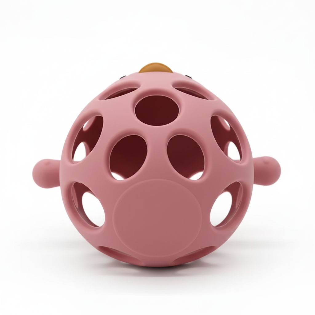 Bottom view of hollow oval lattice silicone baby teether BPA-free on white background