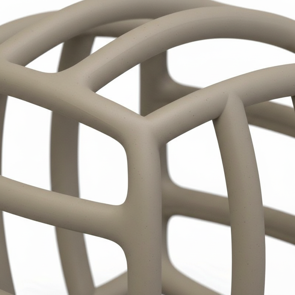 Close-up of flexible silicone ribs and open grid holes on BPA-free hollow maze baby teether, white background