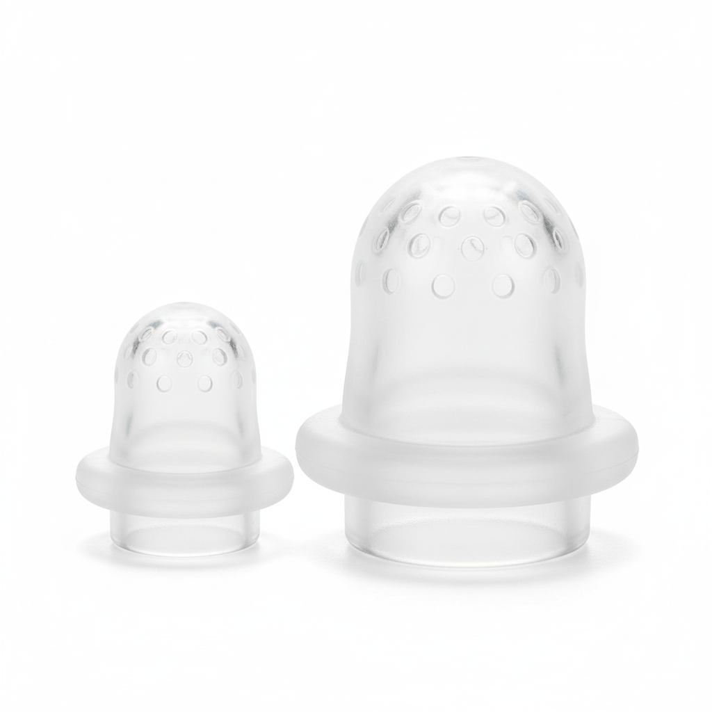 Close-up of two BPA-free clear silicone nipple inserts small and large for baby food feeder, white background