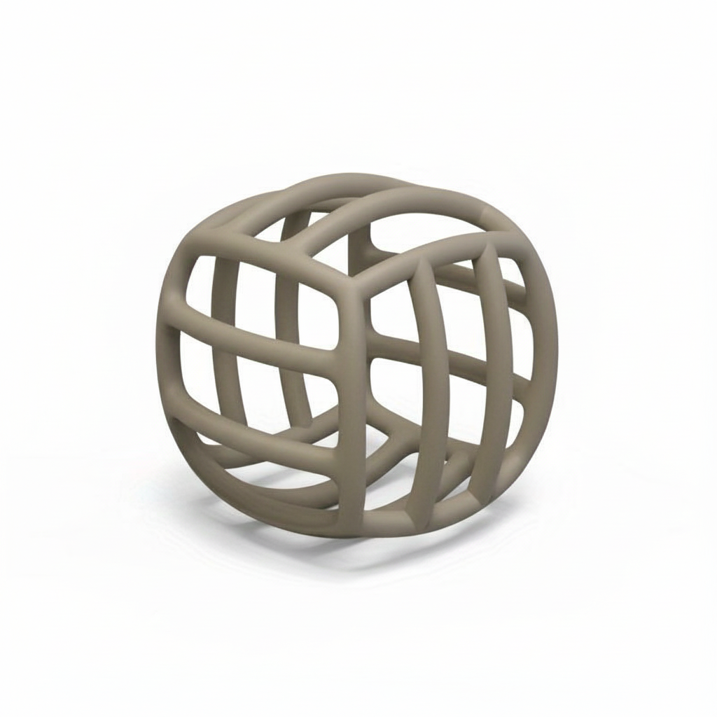 Eco-friendly hollow maze silicone baby teether 3/4 angle showing open lattice grid structure, white background