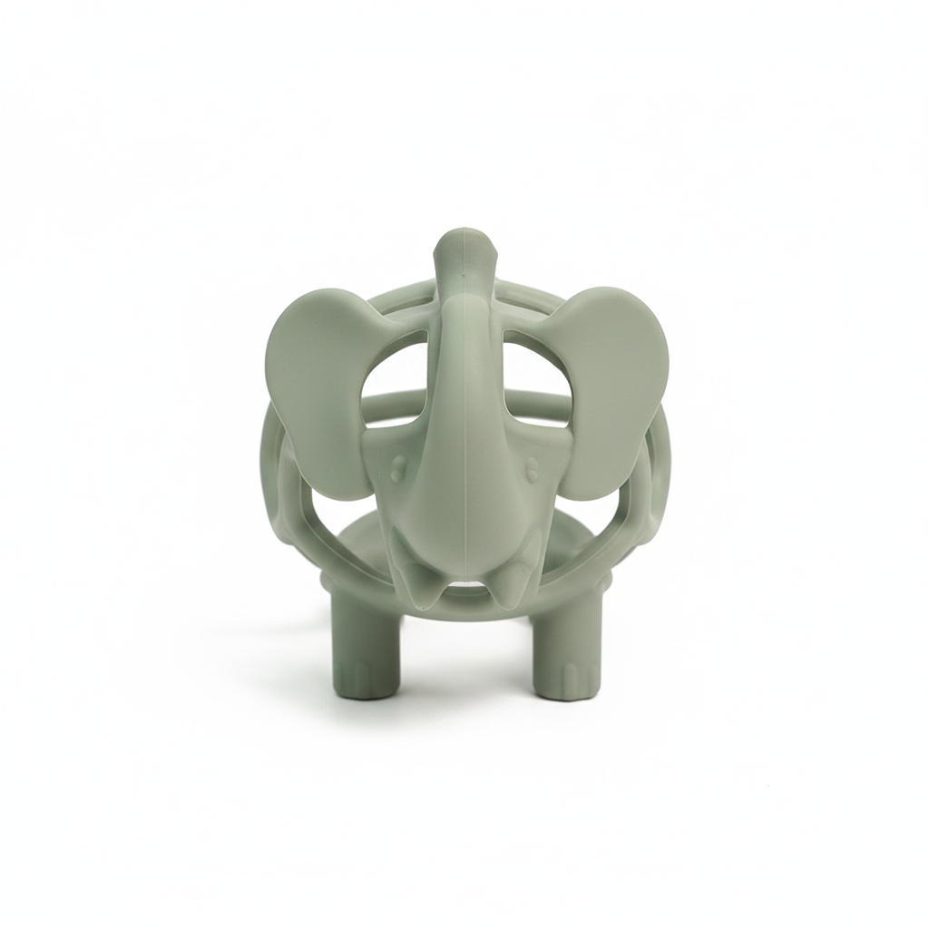 Front view of sage green hollow elephant silicone baby teether showing trunk and ear detail, white background