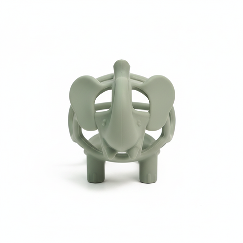 Front view of sage green hollow elephant silicone baby teether showing trunk and ear detail, white background