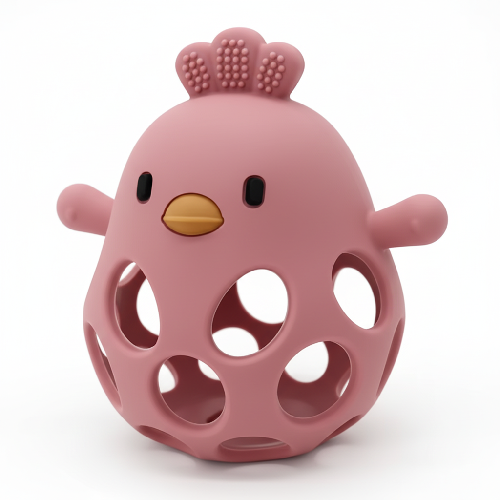 Hollow lattice silicone chick teether 3/4 angle view, safe BPA-free baby chew toy on white background