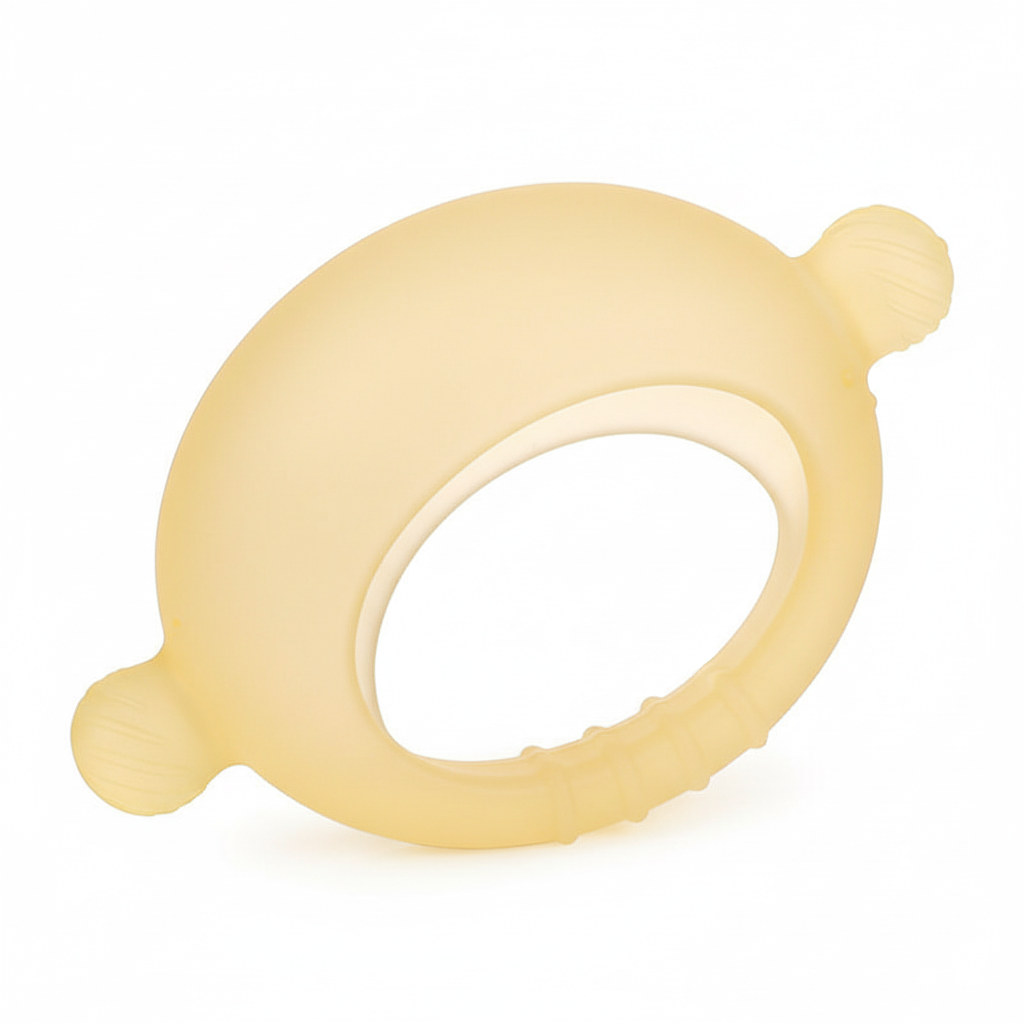 Lemon crescent silicone baby teether 3/4 angle showing hollow loop and textured chew head, white background