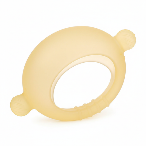 Lemon crescent silicone baby teether 3/4 angle showing hollow loop and textured chew head, white background