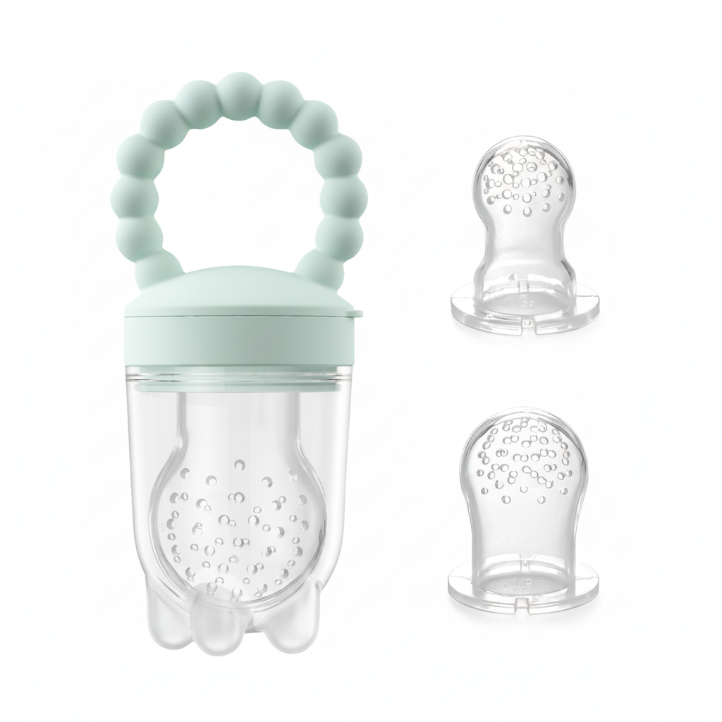 Mint green beaded handle baby food feeder with clear body and silicone insert, 3/4 angle, white background