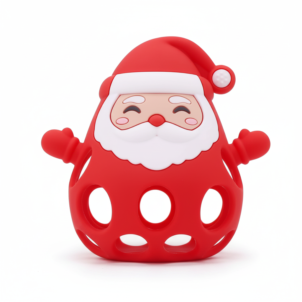 Red Santa Claus silicone baby teether rattle 3/4 angle showing face, beard, hat and hollow grip base, white background