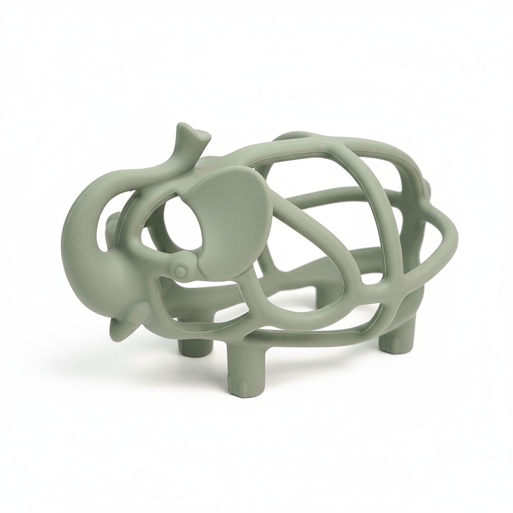 Sage green hollow elephant silicone baby teether 3/4 angle showing trunk, ear and open lattice body, white background