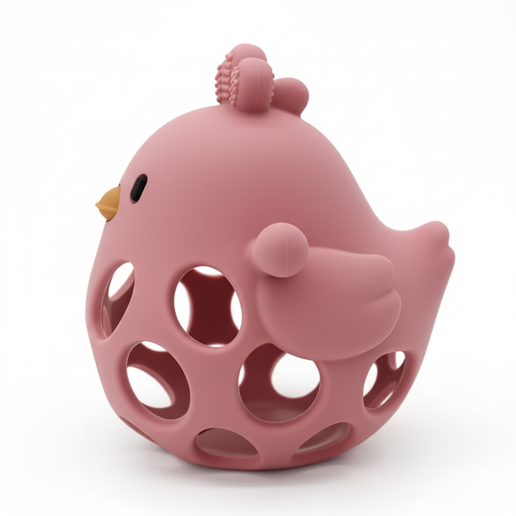 Side profile of BPA-free silicone chick teething toy showing wing detail on white background