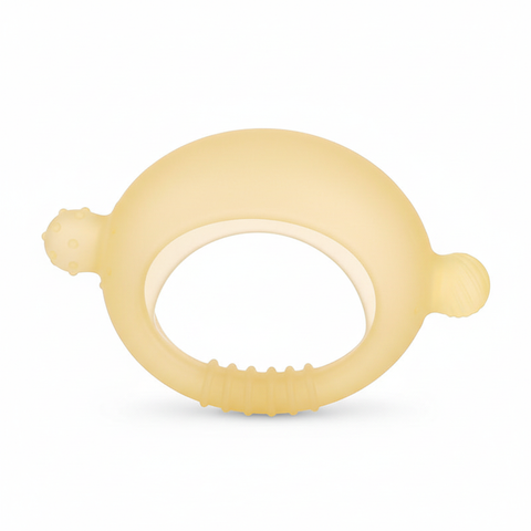 Side profile of lemon shape half-wrap silicone baby teether showing hollow and solid sections, white background