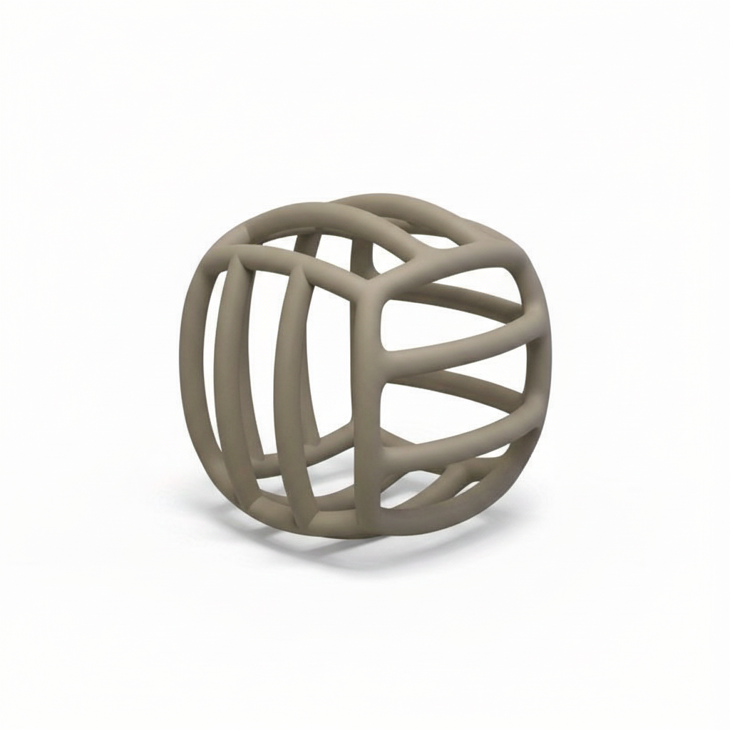 Side profile of warm taupe hollow lattice maze silicone baby teething ball, white background
