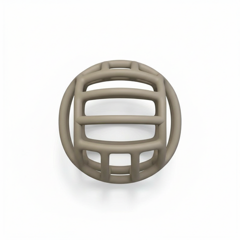 Top-down flat lay of BPA-free eco-friendly hollow maze silicone baby teether on white background