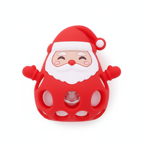 Top-down flat lay of red BPA-free Santa Claus silicone baby teether rattle, white background